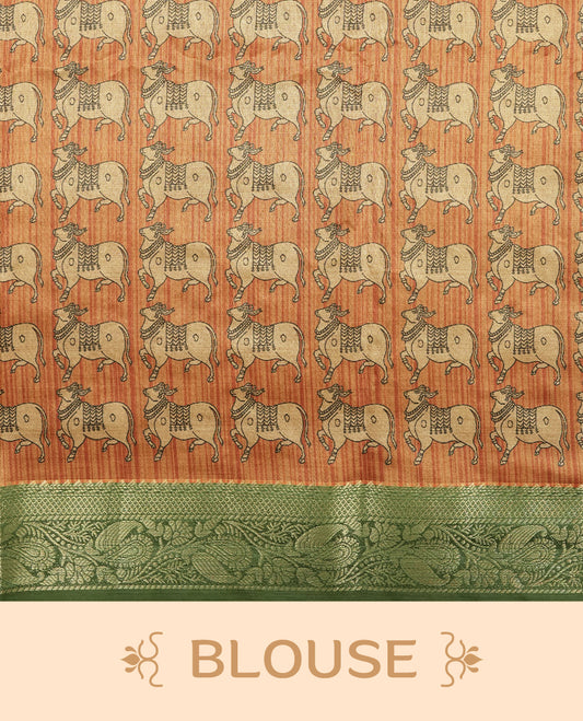 Green & mustard yellow colour Dolla silk saree featuring a striped body with a matching golden zari border, The pallu showcases exquisite Kalamkari prints, complemented by a contrast printed blouse.