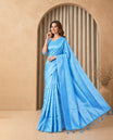 Light Blue Colour Elite Soft Silk Saree with silver zari leaf motifs on the body, a self Banarasi silver zari border and brocade pallu, Paired with a blouse Piece featuring small silver zari buttas.