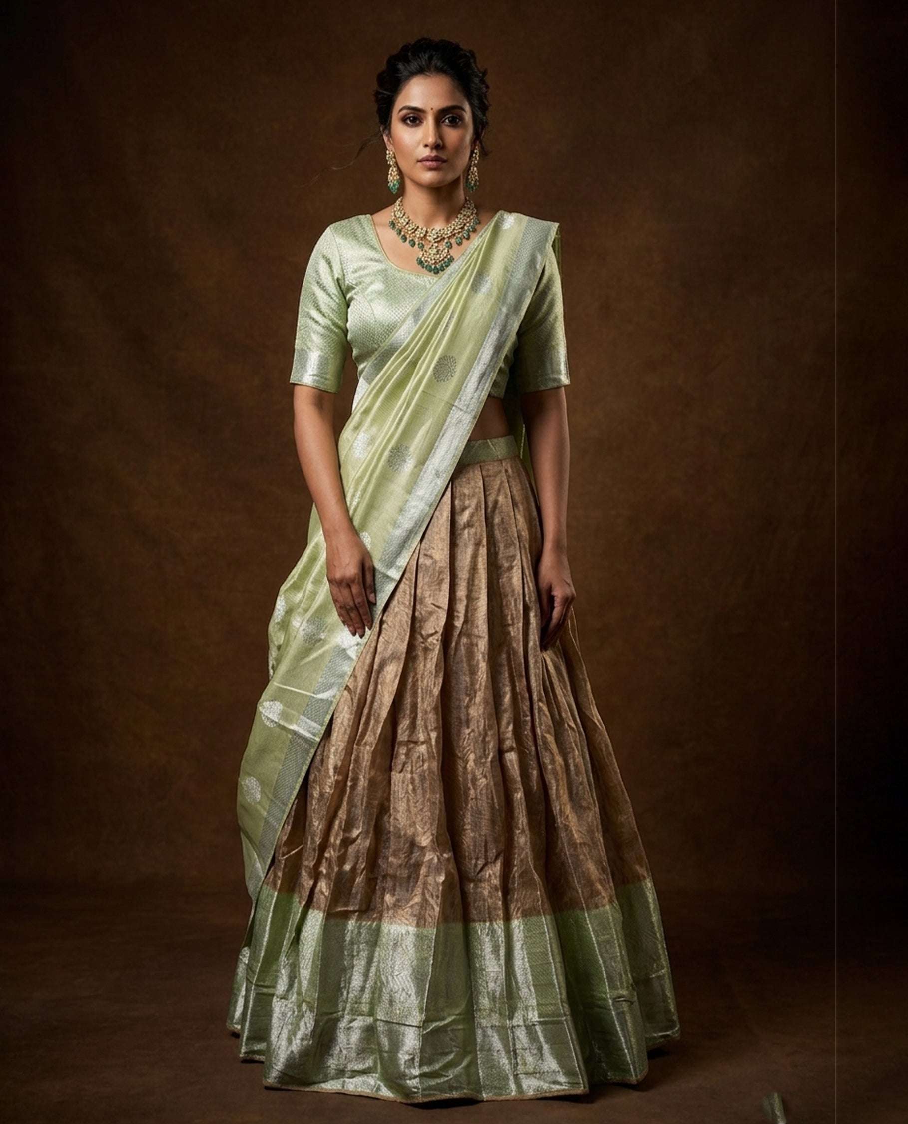 Pastel green colour Half saree featuring Antique colour skirt with contrast dusted gold colour border, paired with matching stitched blouse piece, with matching dupatta.