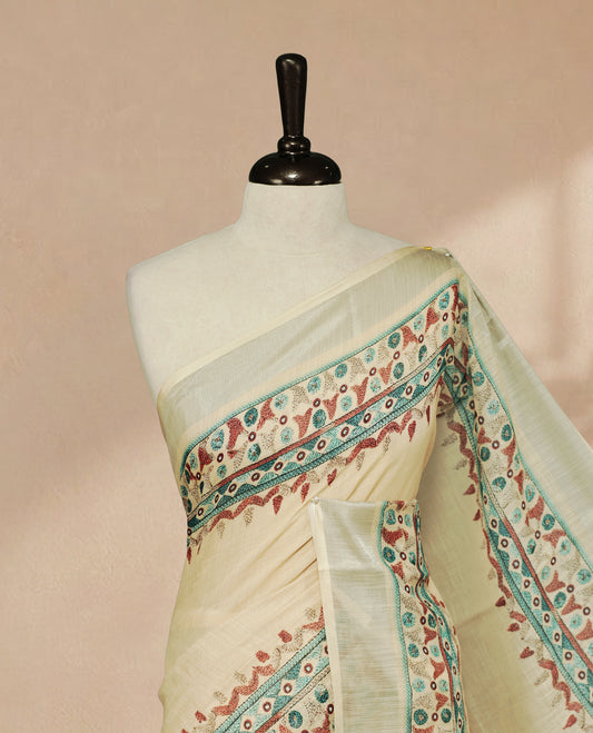 Beige Colour Semi Linen colour saree featuring Elegant Plain body & Thread buttas on border, paired with matching blouse piece thread worked border.