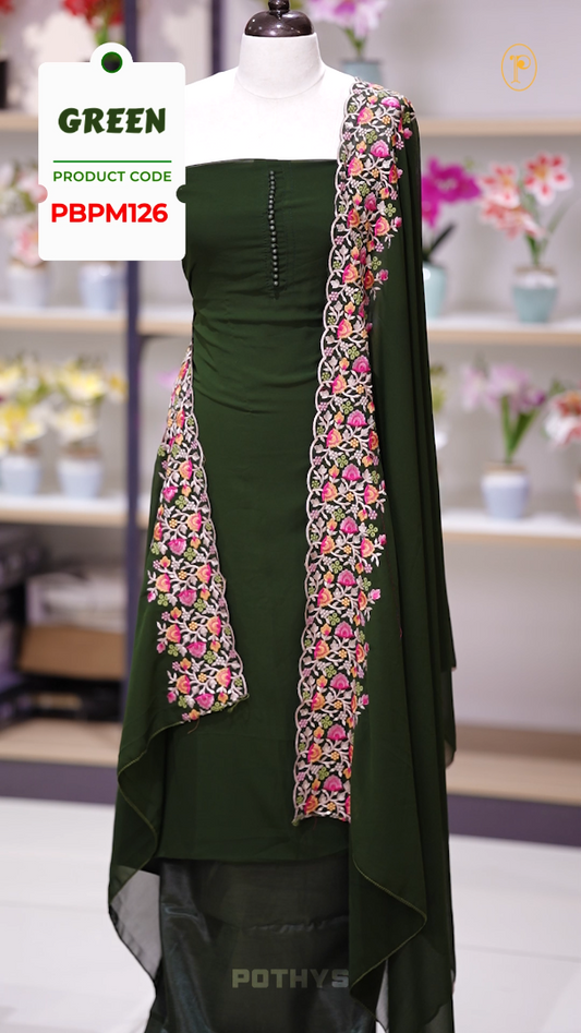 Green colour Chiffon churidhar material featuring a plain top adorned with delicate beads work on the neckline, paired with a plain bottom, Highlighted by a dupatta with floral embroidery, sequins, and scalloped edges.