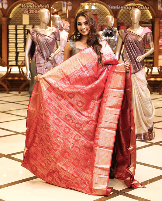Rich chilli red colour Kancheepuram Samudrika Pattu Saree adorned with classic box pattern gold zari jacquard, highlighted by rudraksha checks and elegant floral motifs, complemented with a traditional golden zari border and a matching blouse piece.