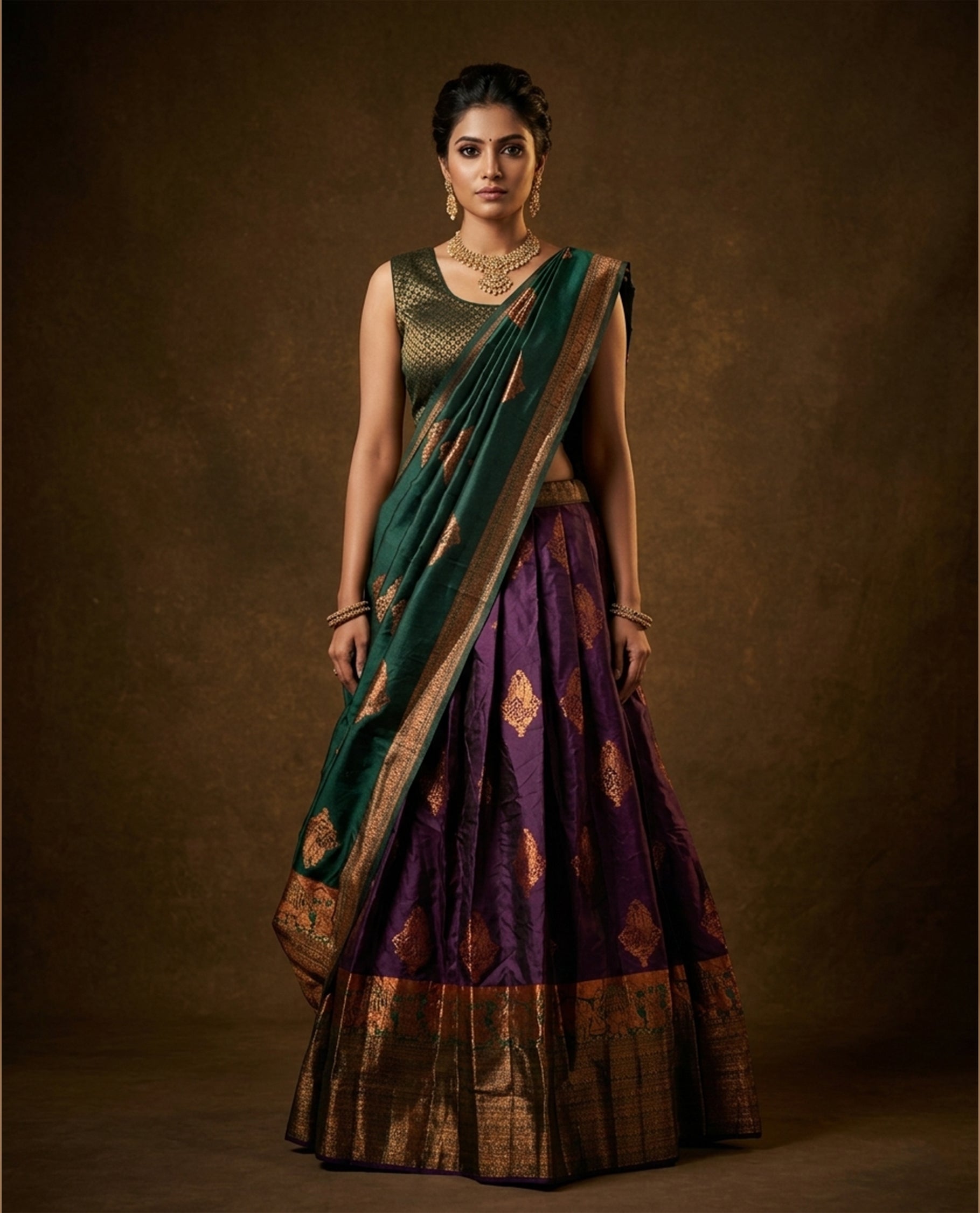 Green colour Half saree featuring Purple colour skirt with contrast green colour traditional border, paired with matching stitched blouse, contrast green dupatta.