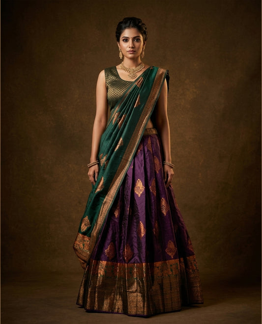 Green colour Half saree featuring Purple colour skirt with contrast green colour traditional border, paired with matching stitched blouse, contrast green dupatta.