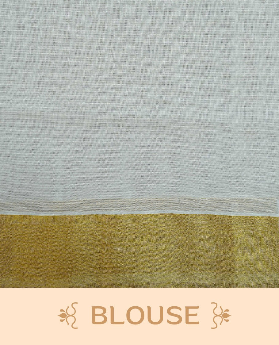 Cream Colour Cotton Kerala Saree Featuring Delicate Blue Floral Print Across The Body, Enhanced With A Gold Zari Border And A Rich Gold Zari Pallu, Finished With A Matching Blouse Piece