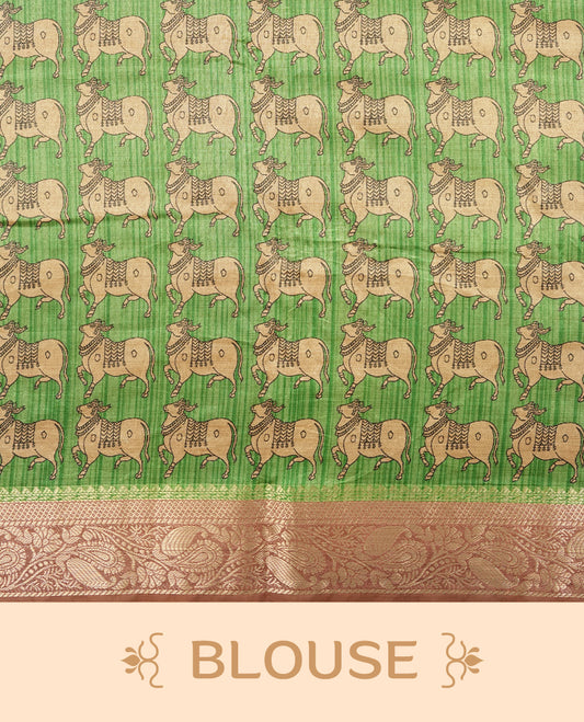 Mauve & green colour Dolla silk saree featuring a striped body with a matching golden zari border, The pallu showcases exquisite Kalamkari prints, complemented by a contrast printed blouse.