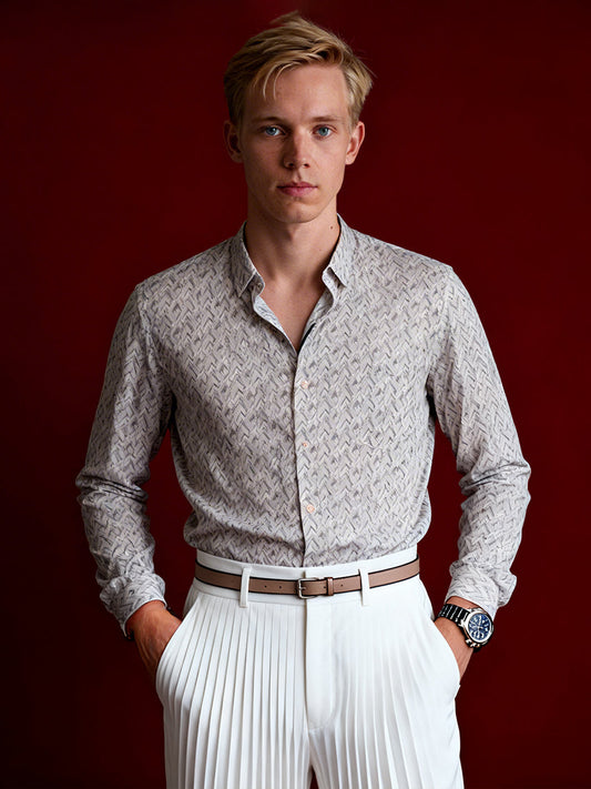 Cream colour patterned shirt with a classic spread collar and full sleeves, Designed with a modern geometric print, this shirt offers premium comfort and timeless style.