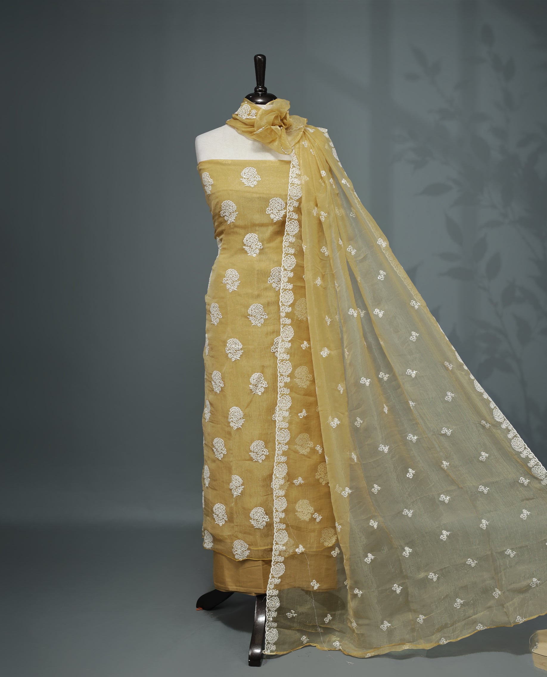 Golden Colour Organza  Salwar material Featuring White Embroidery Work On body & Matching Organza Dupatta with Same work & Scallop border, matching bottom.