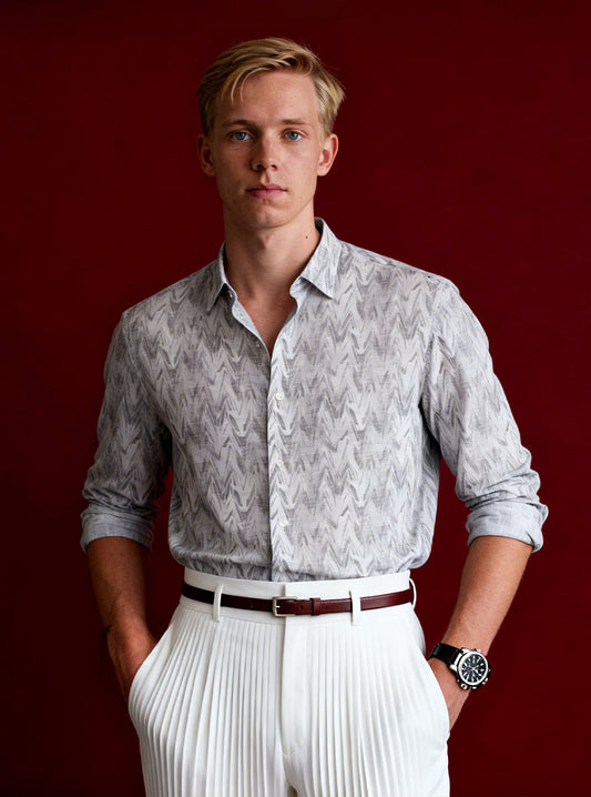 Off white colour shirt shirt featuring a grey printed  subtle zigzag pattern, classic spread collar, and full sleeves, Crafted from soft, breathable fabric for all day comfort.