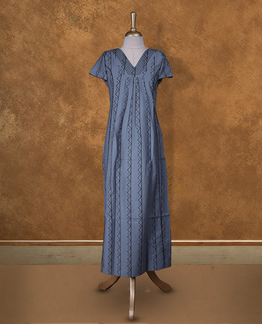 Ash blue colour NStyle nighty featuring black geometric patterns, a V-neckline with stitching detailing, short sleeves, and a full ankle-length design.