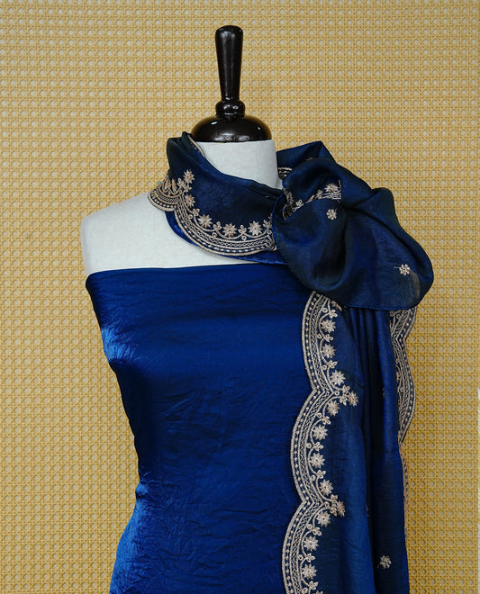 Dark Blue colour Fendy silk salwar material With Elegant plain body with lining, Comes with santoon bottom, Fendy silk dupatta With Floral buttas & Scalp Border.