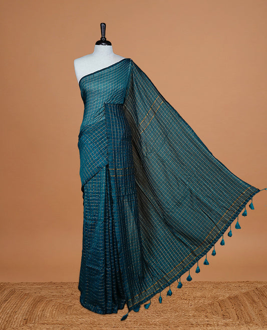Green Colour Mul Cotton saree featuring Traditional Gold zari check pattern on body, Tassel finished pallu.
