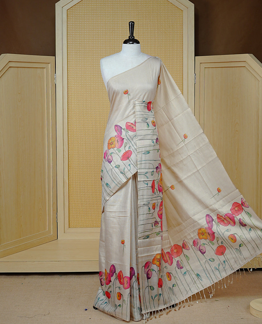 Light Gold colour semi tissue silk saree featuring Digital Plant print motifs on body and border, paired with matching blouse piece.