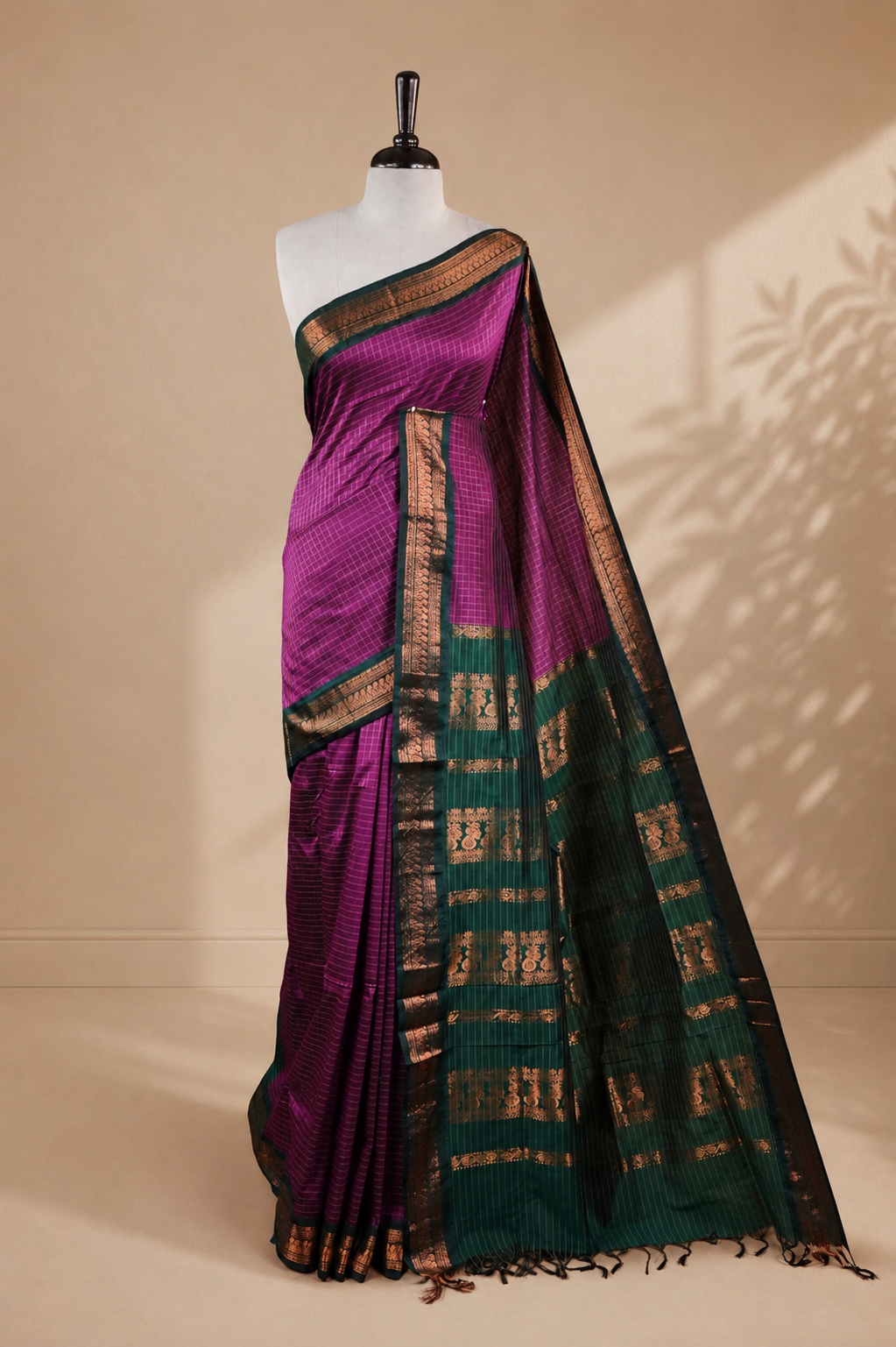 Grape colour kalyani cotton saree featuring gold zari check pattern on body, complemented by Green colour with Antique zari border, paired with matching blouse piece.