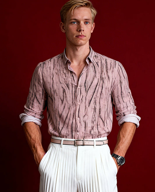 Light mauve short sleeve shirt featuring a unique crinkled black linear pattern, button down front, and classic collar & Crafted from breathable fabric, perfect for a casual yet stylish everyday look.