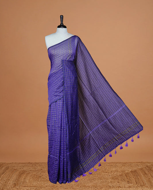 Violet Colour Mul Cotton saree featuring Traditional Gold zari check pattern on body, Tassel finished pallu.