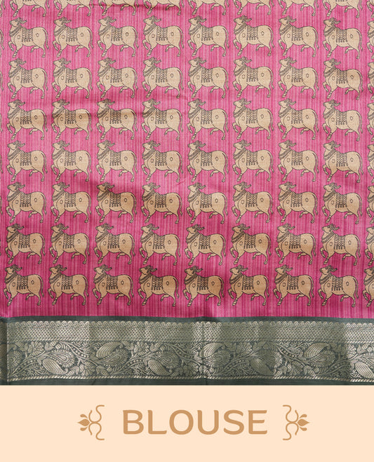 Teal blue & pink colour Dolla silk saree featuring a striped body with a matching golden zari border, The pallu showcases exquisite Kalamkari prints, complemented by a contrast printed blouse.