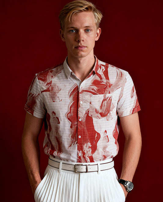 Off white colour shirt featuring a subtle brick red colour self print design, Designed with a classic collar and short sleeves, it blends effortless style with everyday comfort.