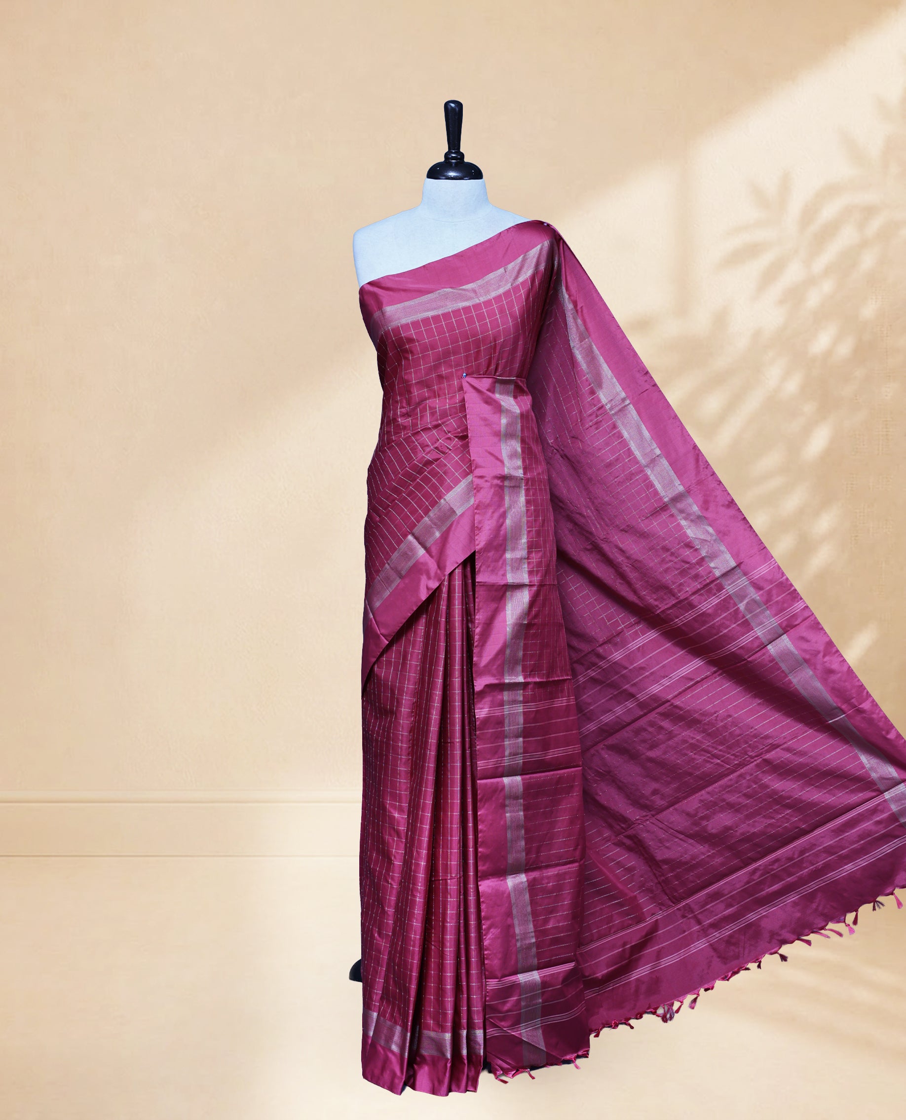Pink colour Semi Silk Saree Featuring Gold zari Big Checks on body, complemented by Contrast Border Detailing, comes with matching blouse piece.