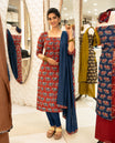 Red Colour Cotton salwar material Featuring Contrast colour Elephant motifs on body with neat piping border, paired with matching chanderi material dupatta.