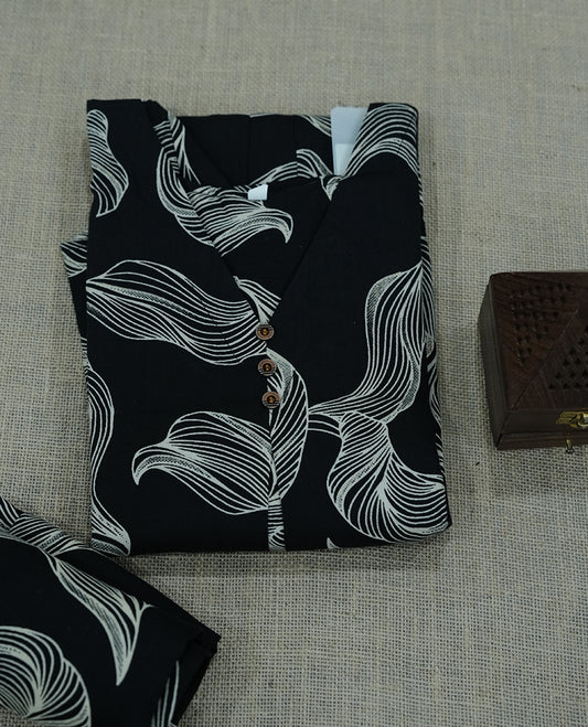 Black colour coord set featuring bold abstract white prints and front button detailing.