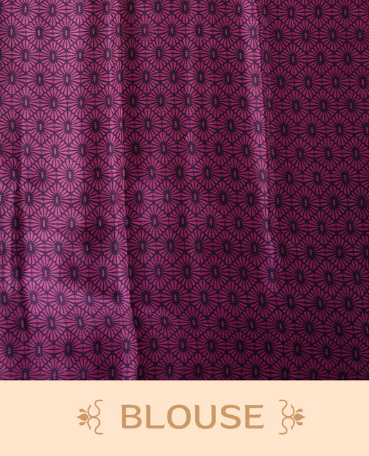 Dark purple colour Turkey crepe saree with an bigcircle fancy print on the pallu, stylish printed border, and matching blouse.