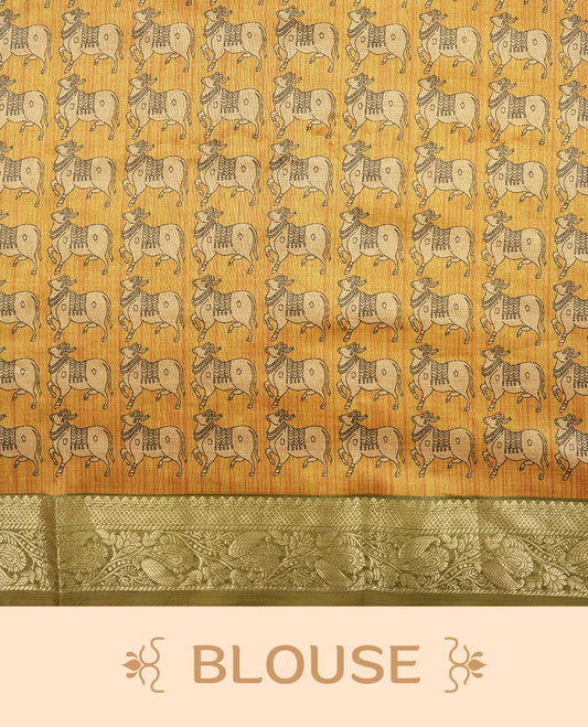 Olive green & yellow colour Dolla silk saree featuring a striped body with a matching golden zari border, The pallu showcases exquisite Kalamkari prints, complemented by a contrast printed blouse.